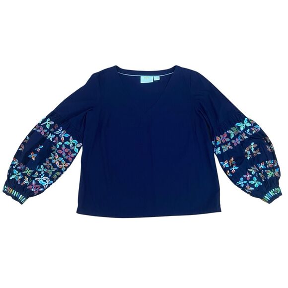 Maeve Sonja Anthropologie Top Blouse Size 4 Blue Embroidery Puffed Sleeves - Picture 4 of 10